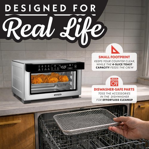 Gourmia Toaster Oven Digital Air Fryer - Convection Mode with 4 Slice Capacity, 3 Rack Positions, 12 Presets, Toast, Bagel, Bake, Roast, Broil, Dehydrate, Popcorn, Fits 9" Pizza, Stainless Steel