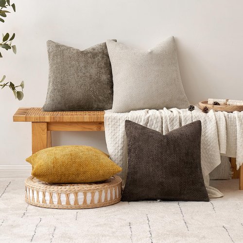 MIULEE Pack of 2 Couch Throw Pillow Covers 18x18 Inch Neutral Dark Brown Boho Accent Decorative Pillow Covers Soft Chenille Farmhouse Cushion Covers for Home Decor Bed Sofa Living Room