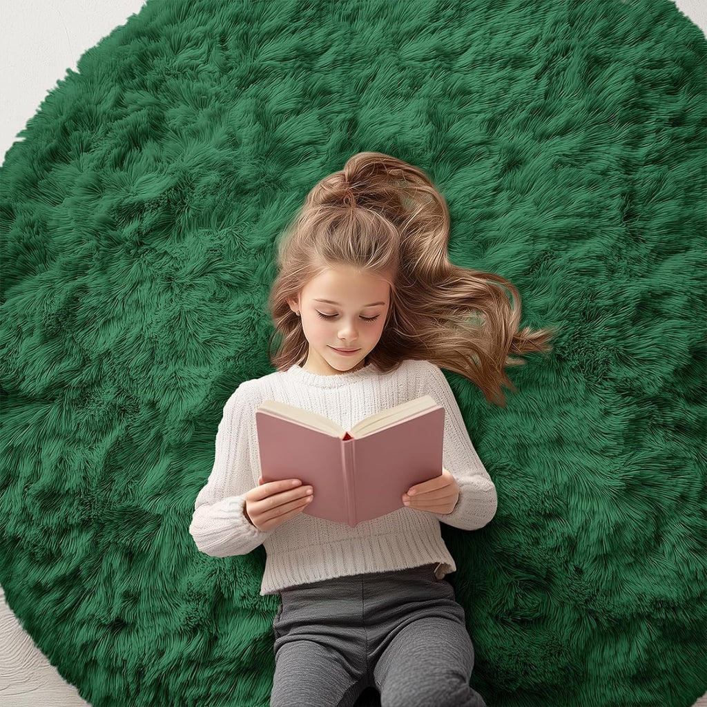OLANLY Dark Green Round Rug - Soft, Fluffy Shaggy Carpet | 5 ft Machine Washable Area Rug for Bedroom, Living Room, Nursery Decor