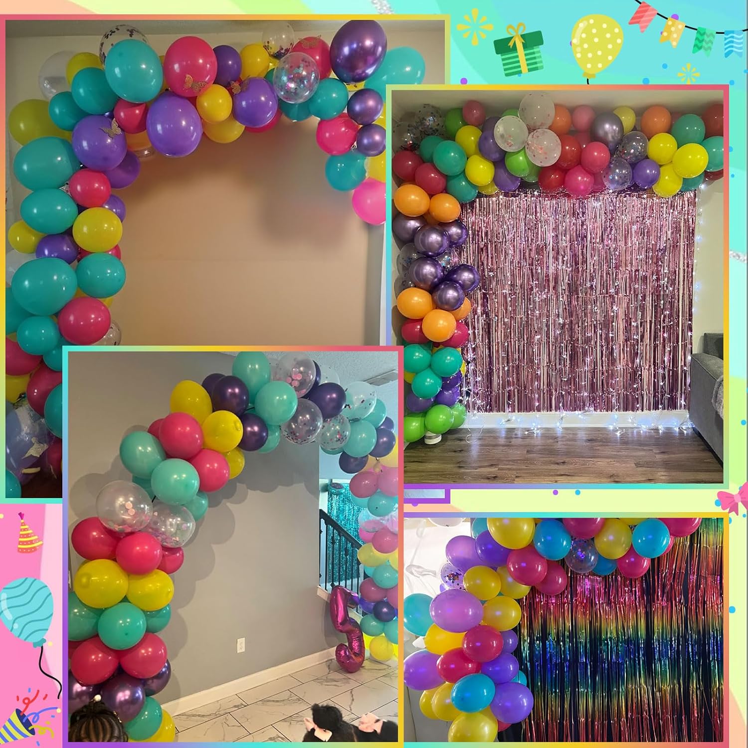 Skiennix 60 Pcs 12-Inch Hot Pink, Purple & Teal Balloons - Metallic Confetti for Kids' Birthday Parties