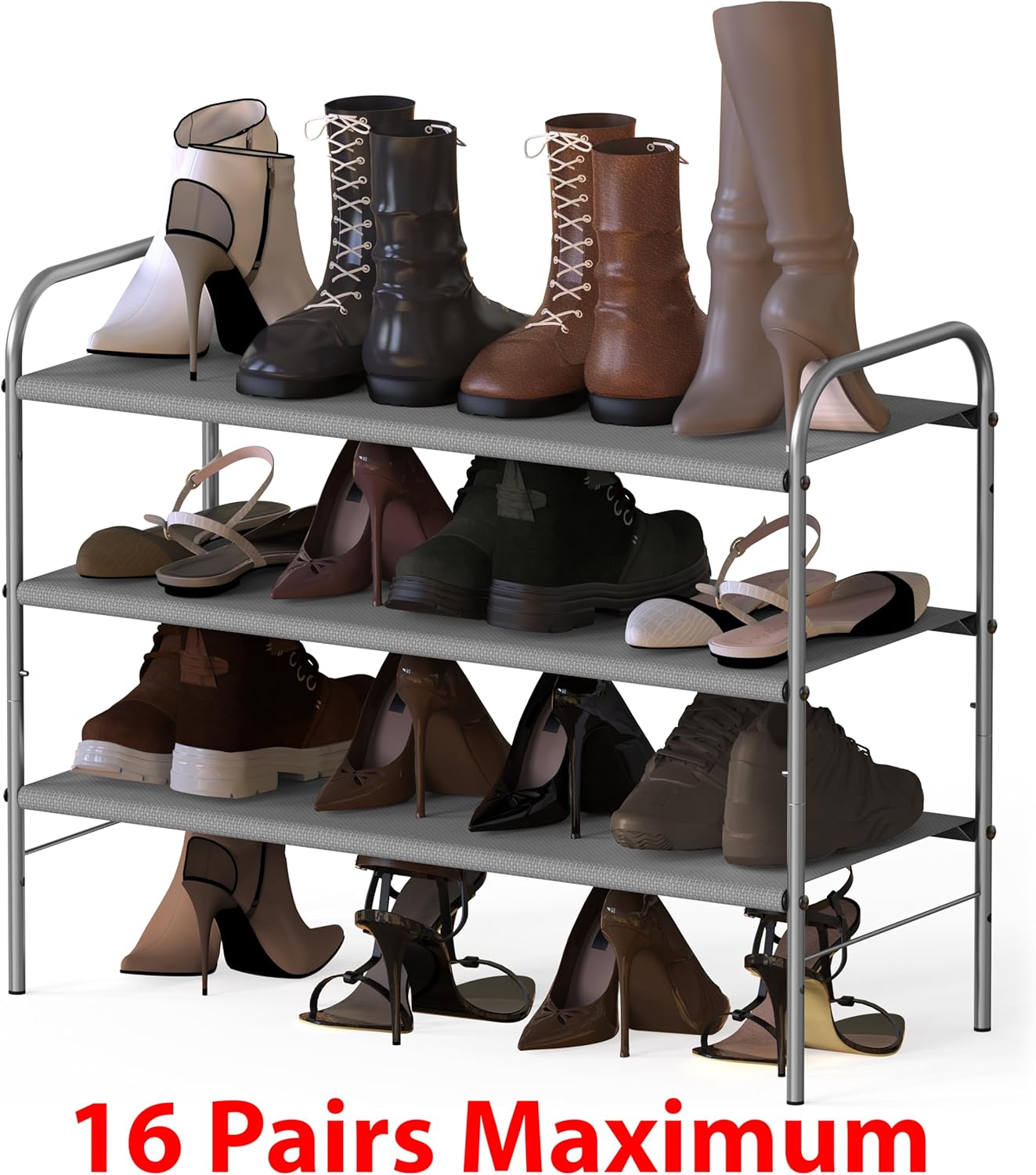 Simple Houseware 3-Tier Shoe Rack - Space-Saving Organizer for 9-16 Pairs | Sturdy Metal Frame, Grey