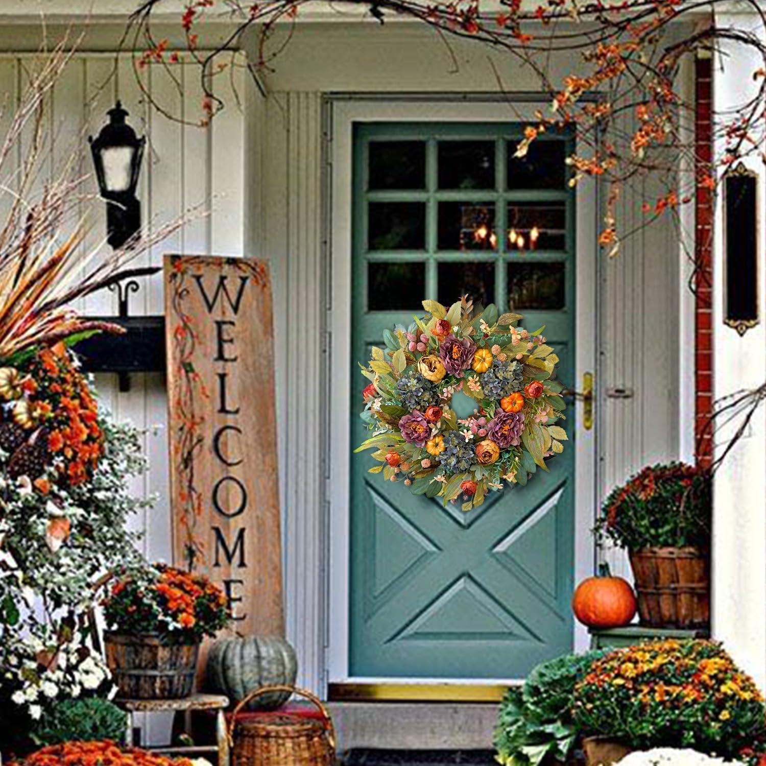 WANNA-CUL 24 Inch Fall Wreath - Blue Hydrangea & Purple Peony | Autumn Door Decoration