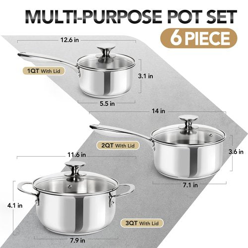 MICHELANGELO Stainless Steel Pot Set with Lids 1QT & 2QT & 3QT, Stainless Steel Saucepan Set 6pcs, 18/10 Induction Saucepans, Induction Compatible, Dishwasher Safe