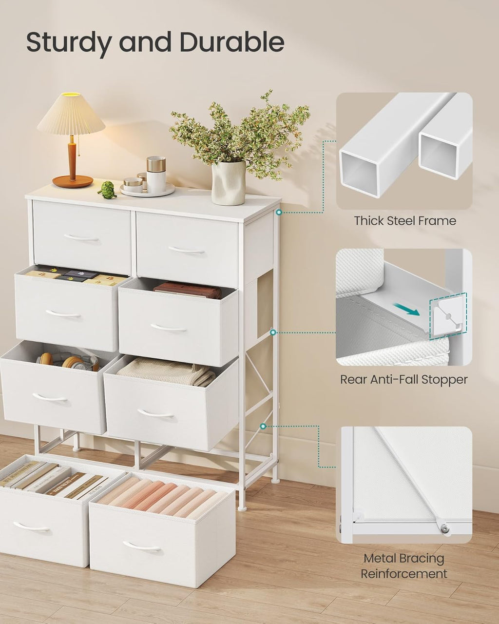 SONGMICS Dresser - 8-Drawer Storage Organizer Unit in Cloud White & Snow White | Durable Steel & MDF Design