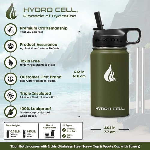 HYDRO CELL Stainless Steel Insulated Water Bottle - Versatile for Hot & Cold Drinks | 14oz Army Flask