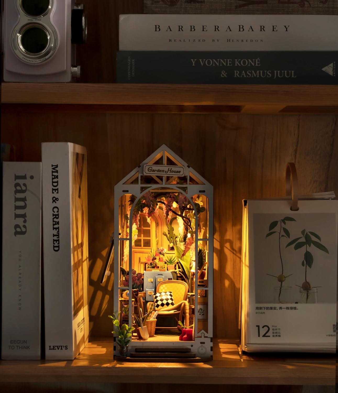 ROBOTIME Book Nook Kit - DIY Miniature House with LED Light | 3D Wooden Puzzle Bookend Decor (Garden House)