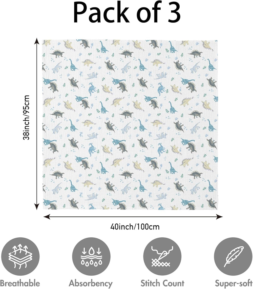 Skiennix Muslin Swaddle Blankets - Soft & Breathable 3-Pack for Newborns | Large 38 x 40 Inches (Blue Dinosaur)