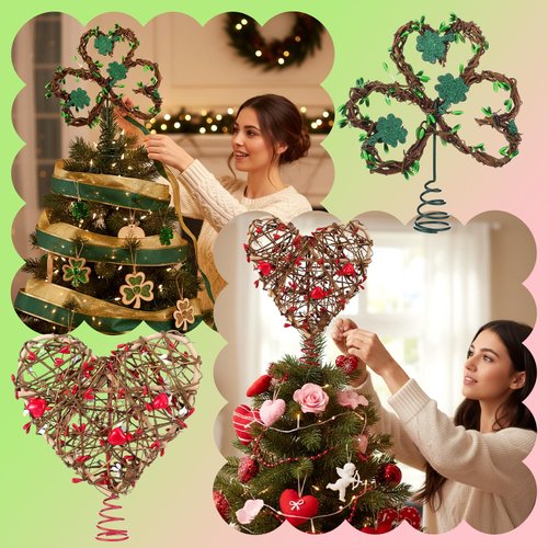 Daifunli 2 Pieces Valentines St Patrick's Day Tree Topper Rattan Irish Heart Shamrock Shaped Tree Toppers Iron Metal Red Green Glitter Christmas Treetop for Valentines Gift Wedding Party Decorations