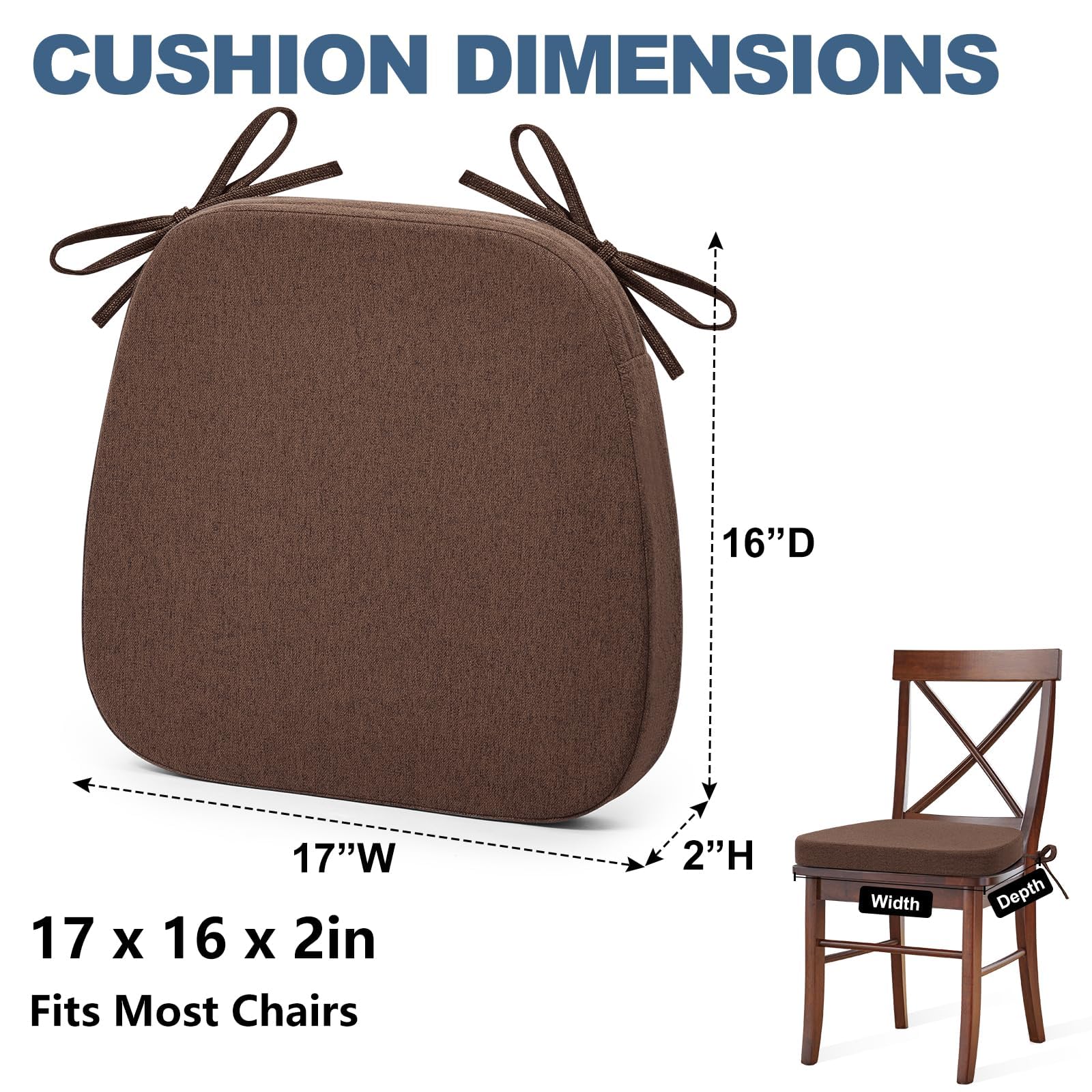 Shinnwa Dining Chair Cushions Set of 4, Non-Slip Kitchen Chair Cushions with Detachable Straps and Machine Washable Cover, 4 Pack, 17x16x2in, Brown