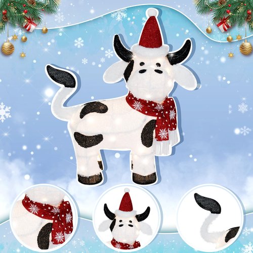VIKIMORA Christmas Lighted Outdoor Decorations:32" Cow,3D Lighted-up Christmas Cow Indoor Outdoor Display with LED Lights,Pre-lit Holiday Farm/Pasture/Home Yard Lawn Patio Garden Decoration