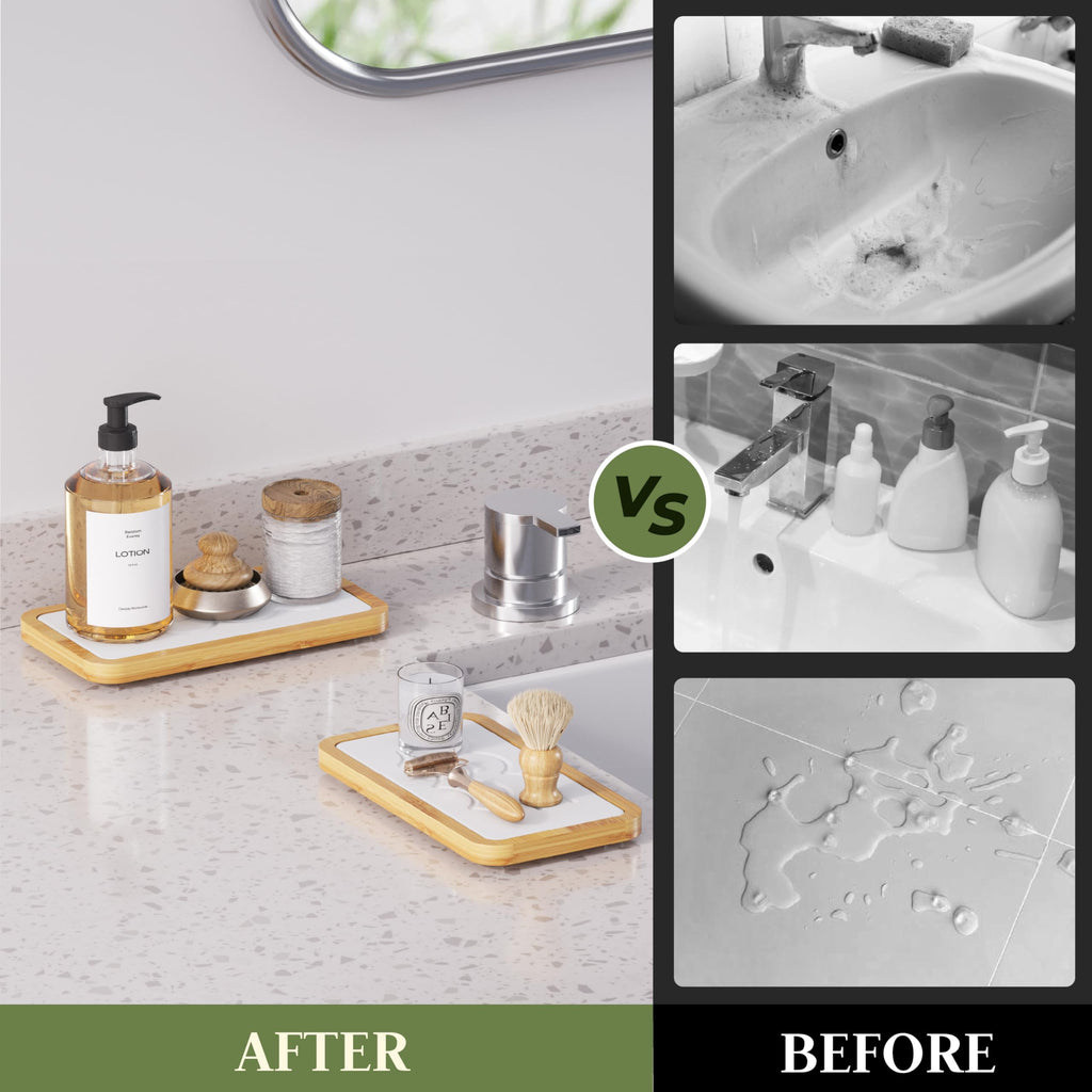 Water Absorbing Stone Tray for Sink, Kitchen Sink Caddy Organizer, Diatomite Bathroom Vanity Counter Tray, Soap Dispenser Sponge Holder, Fast Drying Stone Faucet Mat with Bamboo Tray