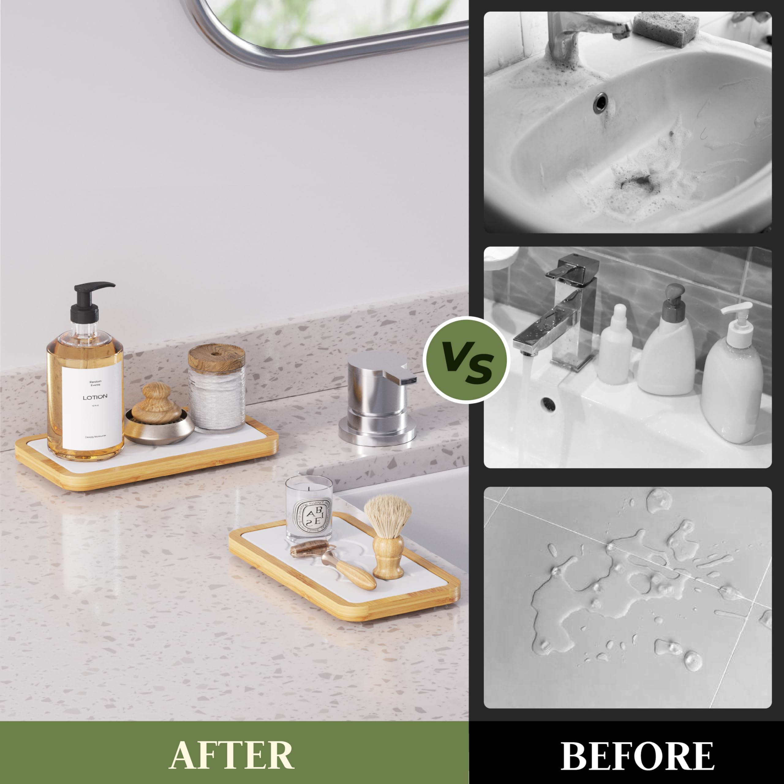 Water Absorbing Stone Tray for Sink, Kitchen Sink Caddy Organizer, Diatomite Bathroom Vanity Counter Tray, Soap Dispenser Sponge Holder, Fast Drying Stone Faucet Mat with Bamboo Tray