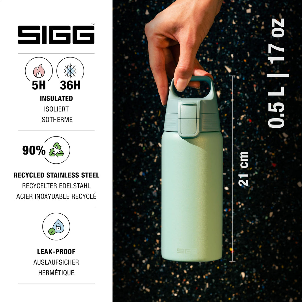 Sigg - Insulated Kids Water Bottle - Shield One Eco Green - Suitable For Carbonated Beverages - Leakproof - Dishwasher Safe - BPA Free - 90% Recycled Stainless Steel - Brushed - Whale - 17Oz
