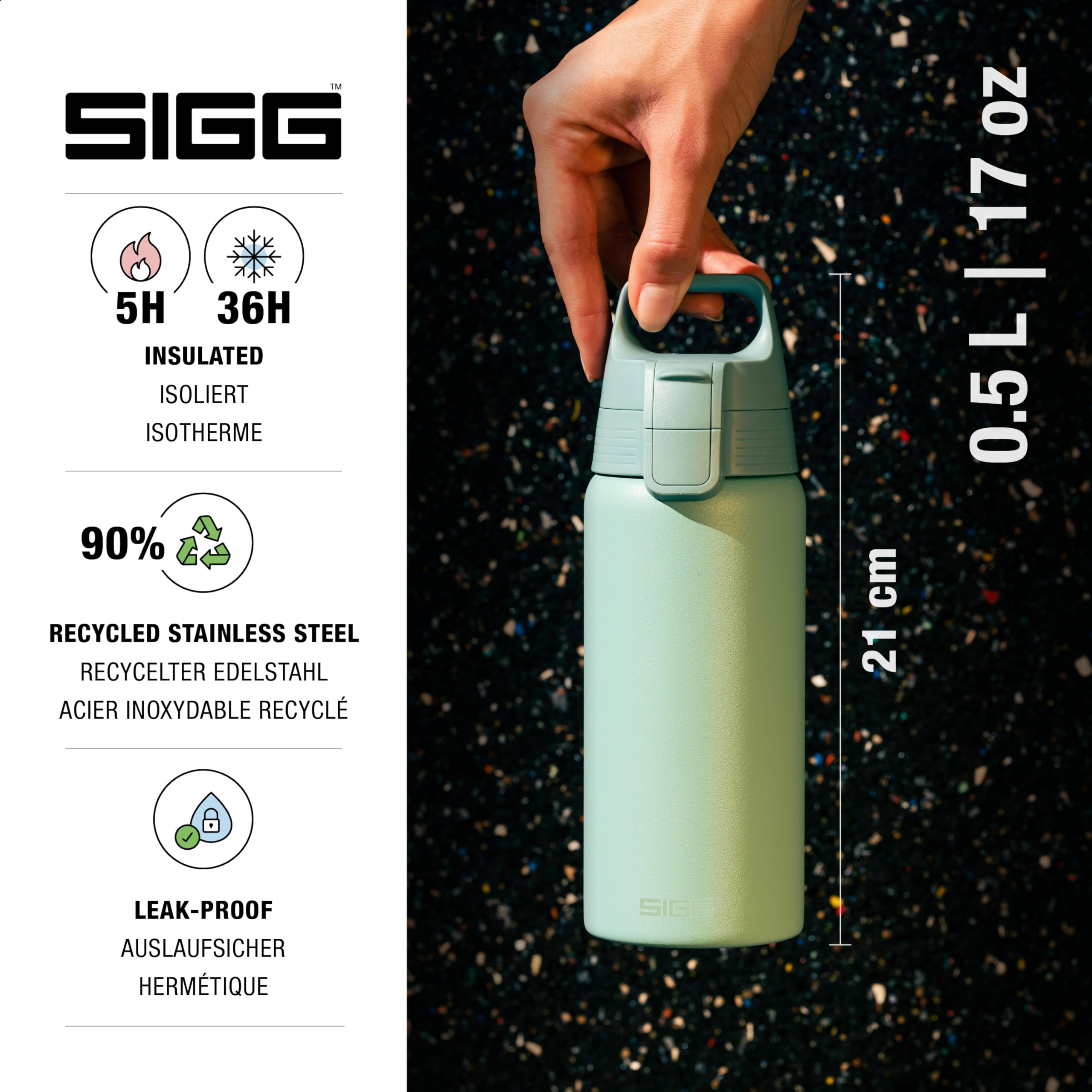 Sigg - Insulated Kids Water Bottle - Shield One Eco Green - Suitable For Carbonated Beverages - Leakproof - Dishwasher Safe - BPA Free - 90% Recycled Stainless Steel - Brushed - Whale - 17Oz