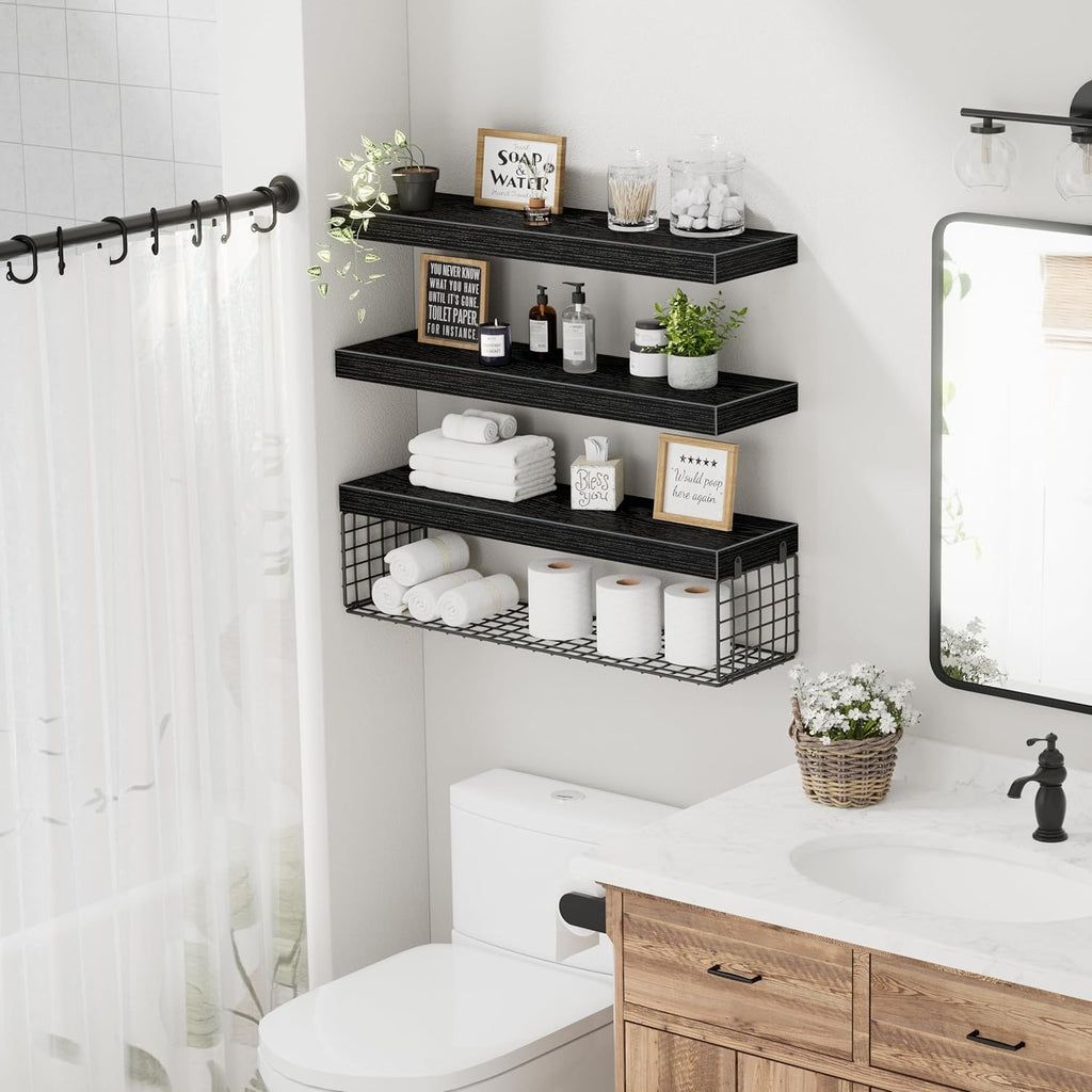 QEEIG Floating Bathroom Shelves - 24-Inch Wall Storage for Toilet Paper | Set of 3, Black