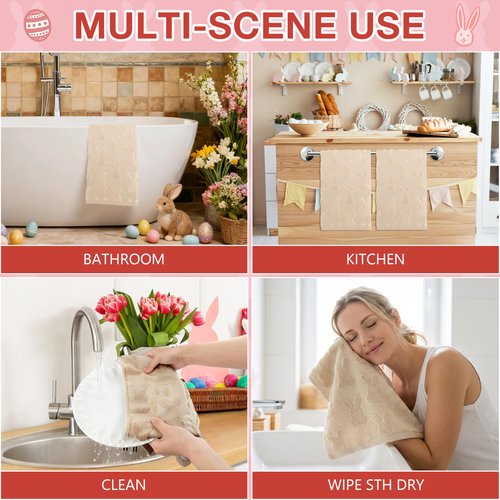 HUFAND 2 Pcs Easter Hand Towels for Bathroom Cotton Happy Easter Bunny Jacquard Decorative Kitchen Dish Towels Set Soft Absorbent Holiday Bath Towel for Spring Home Decor Gift, 13.7 x 29.5 Inch