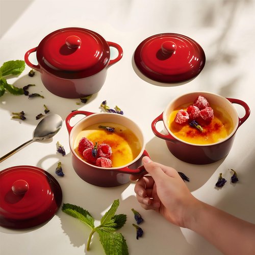 Kook Mini Cocotte Set - 12 oz Individual Casserole Dishes with Lids & Handles | Oven & Microwave Safe, Crimson Ombre, Set of 4