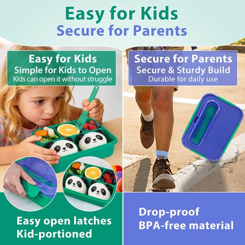 Caperci Bento Box for Kids - 50oz Larger Lunch Box Containers for Kids, Reinforced Leakproof, Built-in Sauce Cup, Utensils, 4 Compartments, BPA-Free Microwave & Dishwasher Safe (Navy/Green)