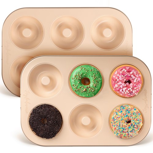Joyfulware Donut Pan for Baking - Set of 2 Non-stick Donut Pans - Carbon Steel Doughnut Pan - 6 Cavity Full-Sized Donut Molds for Baking - Trendy Beige Donut Baking Pan