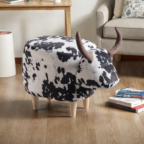 Christopher Knight Home Isana Cow-Shaped Ottoman, Cute Wood Foot Stool Shoes Changing Seat with Cushioned for Living Room, Bedroom, Playroom Porch Furniture, Black and White Velvet