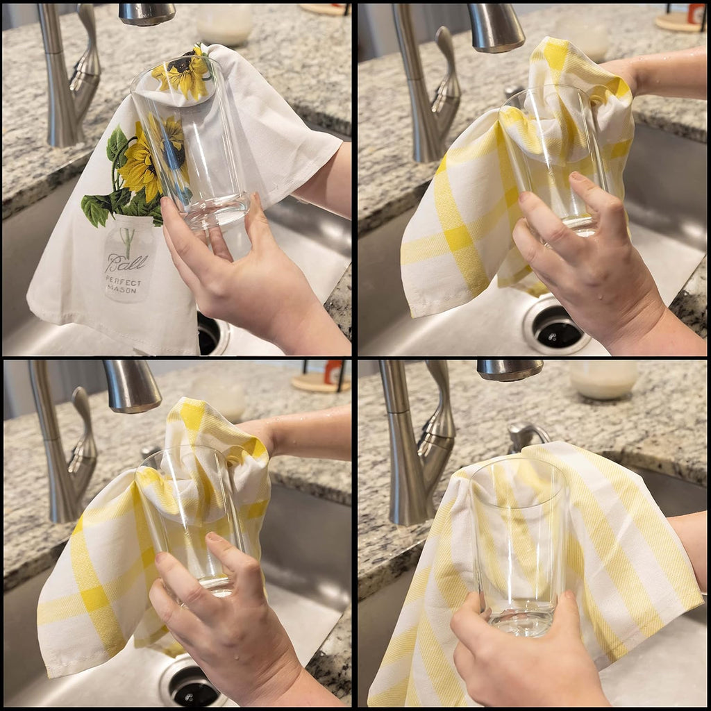 PERLLI Kitchen Dish Towels - 100% Cotton Absorbent Set of 4 | Yellow Lemon Print, 22.5 x 16 Inches
