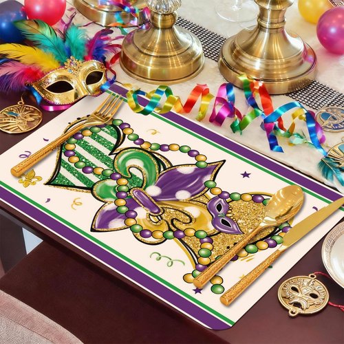 KOPOOEOE 6 Set Carnival Mardi Placemats, 11x16 Inch Fleur de Lis Heart Bead Plastic Placemats Spring Holiday New Orleans Cocktail Table Mats for Carnival Masquerade Party Festival Decor