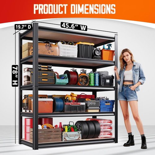 Garage Shelving | Heavy-Duty Metal Storage Unit - Adjustable 5-Tier Rack, 2050 lbs Capacity, Black - 78"x45"x20"