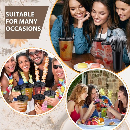 tchrules 50 Set 16oz Black Plastic Cups with Lids & Straws, Disposable Iced Coffee Cup with Lid, Round Bottom Plastic To Go Cups for Cold Drinks Slushie Smoothie Lemonade Soda Bar Party Shop Supplies