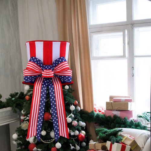 Soaoo 4th of July Tree Topper Large Patriotic Red White and Blue Hat with Striped Wreath Bow Patriotic Tree Decorations for Indoor Outdoor Independence Day Memorial Day Decor