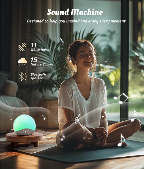 ecozy Sunrise Alarm Clock, White Noise Sound Machine, Alarm Clock for Bedrooms, 26 Soothing Sounds, 17 Night Lights, Bluetooth Speaker, Sunrise Wake-Up Light for Heavy Sleepers, Adults, Kids