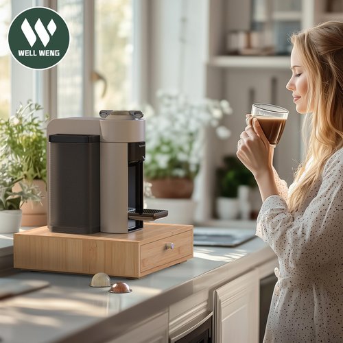WELL WENG for Nespresso Vertuo Capsules (NV145) - Premium Bamboo Coffee Pod Drawer, 45 Big or 60 Small Vertuoline Pods Organizer - 13.25"Wx14"Dx3.9"H (Natural)