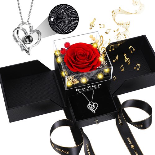 Pasuvsigt Valentines Day Rose Gifts for Her, Preserved Real Rose with I Love You Heart 100-Language Necklace, LED Lights & Music Box, Anniversary Birthday Valentines Gifts for Women Girlfriend Mom