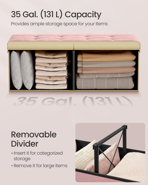 SONGMICS Mazie Collection - 43 Inches Storage Ottoman, Foldable Storage Bench with Flipping Lid, 660 lb Load Capacity, for Entryway, Living Room, Bedroom, Velvet Fabric, Jelly Pink ULSF078SA01