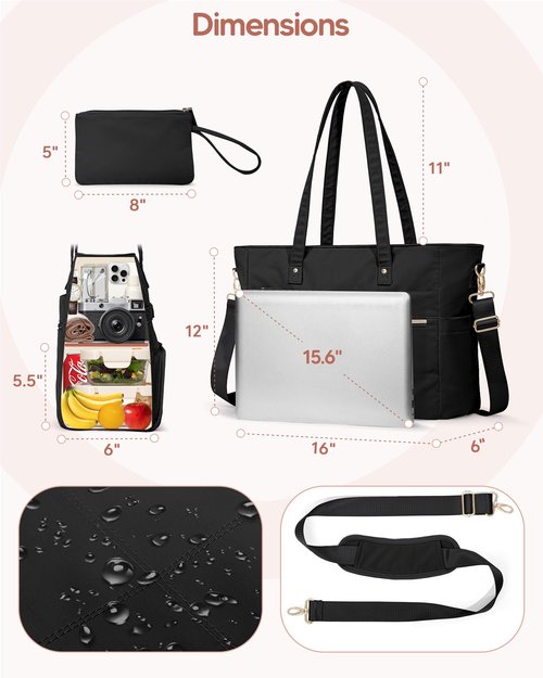 Marscamd Lunch Tote Bag with Insulated Compartment & 15.6" Laptop Sleeve, Womens 2-in-1 Water-resistant Work Bag for Office with a Purse & Crossbody Strap, Black