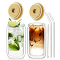 LIBWYS 12oz Double Wall Drinking Glass Cups with Bamboo Lids and Straws, 2 Pc Set – Condensation Resistant Insulated Glass Can Tumblers for Cold Drinks, Iced Coffee, Tea, Juice, Cleaning Brush
