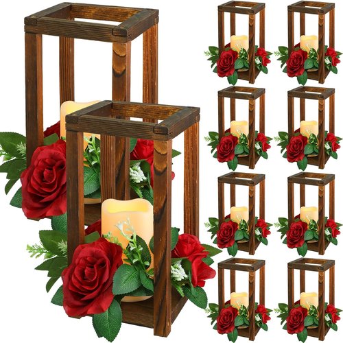 Hushee 30 Pcs Rustic Wooden Lantern Centerpieces - Integrated Candle Holders for Weddings & Home Decor | Brown & Red