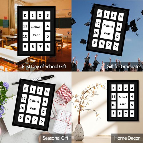 HEYTUYA 12x16 School Years Picture Frame K-12, Display One 5x7 Photo and Twelve 2.5x3.5 Pictures, Graduation Photo Collage Black Frame with Mat and Plexiglass for Wall hanging, Black Mat, Black
