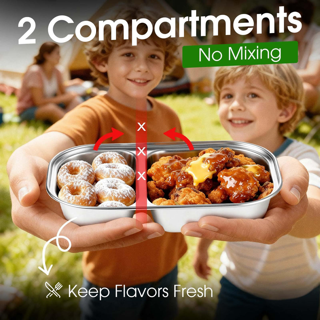 snuggery 3 pack Stainless Steel Snack Container with Lid – 2 Compartment Reusable Leakproof Snack Box for Kids and Adults, Dishwasher & Freezer Safe, Ideal for Travel, School, Meal Prep