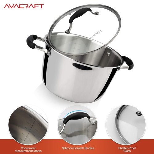 AVACRAFT 18/10 Tri-Ply Stainless Steel Dutch Oven, Chef’s Pan with Glass Lid, Induction Compatible, Multipurpose Stock Pot, 5 Quart