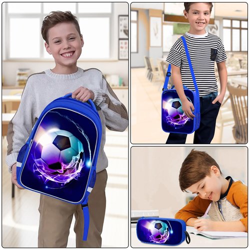 TILYTADLY School Backpack for Boys - 4pcs Soccer Boys Backpack with Lunch Box and Pencil Case for Kids Children Teens Elementary Middle School - Students Bag for Ages 6-18,17″Bookbag Travel Back Pack