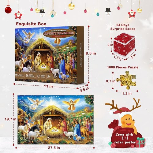 Gold Foil Accents Advent Calendar - 1008-Piece Christmas Jigsaw Puzzle | Religious Nativity Scene Countdown