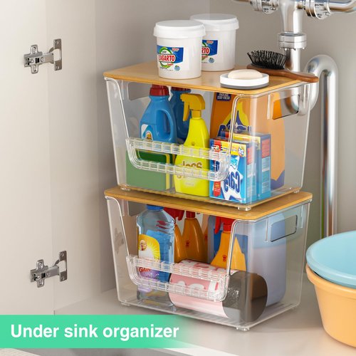Wrrlors 2 Set Pantry Organizers,Stackable Potato and Onion Storage Bins with Bamboo Lids,Trash Bag Dispenser for 4-13 Gal Bags,kitchen Countertop Organizer for Produce or Snacks