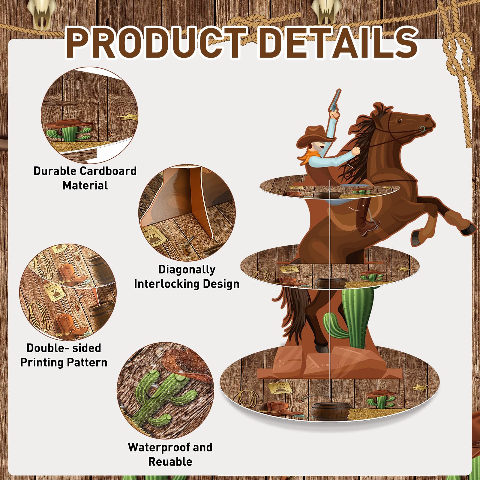 Zopeal Western Cowboy Horse Cupcake Stand, 3-Tier Western Theme Birthday Cupcake Holder, Cowboy Theme Cake Holder, Dessert Stand for Wild West Baby Shower, Birthday Party Supplies