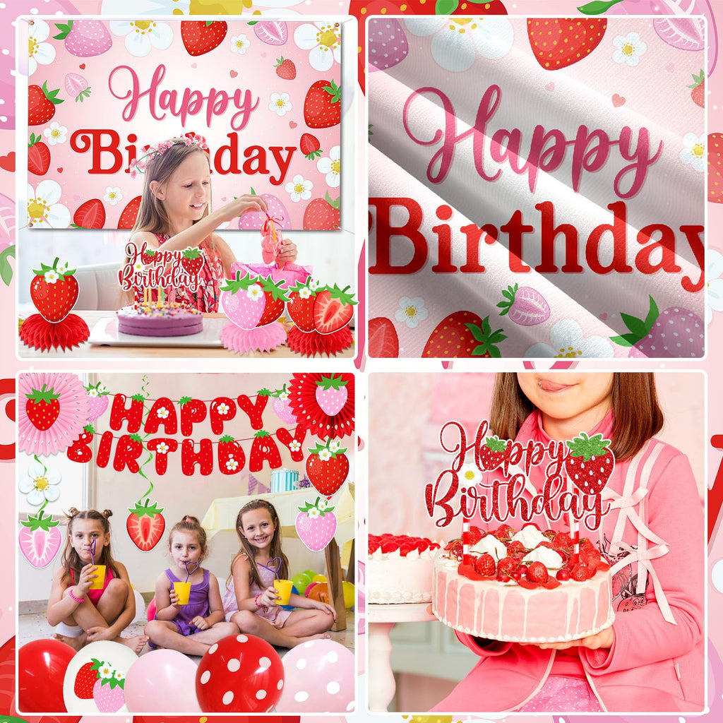 Strawberry Birthday Party Decorations with Strawberry Birthday Banner, Backdrop, Cake Topper, Balloons, Honeycombs, Hanging Swirls, Paper Fans & Pompoms