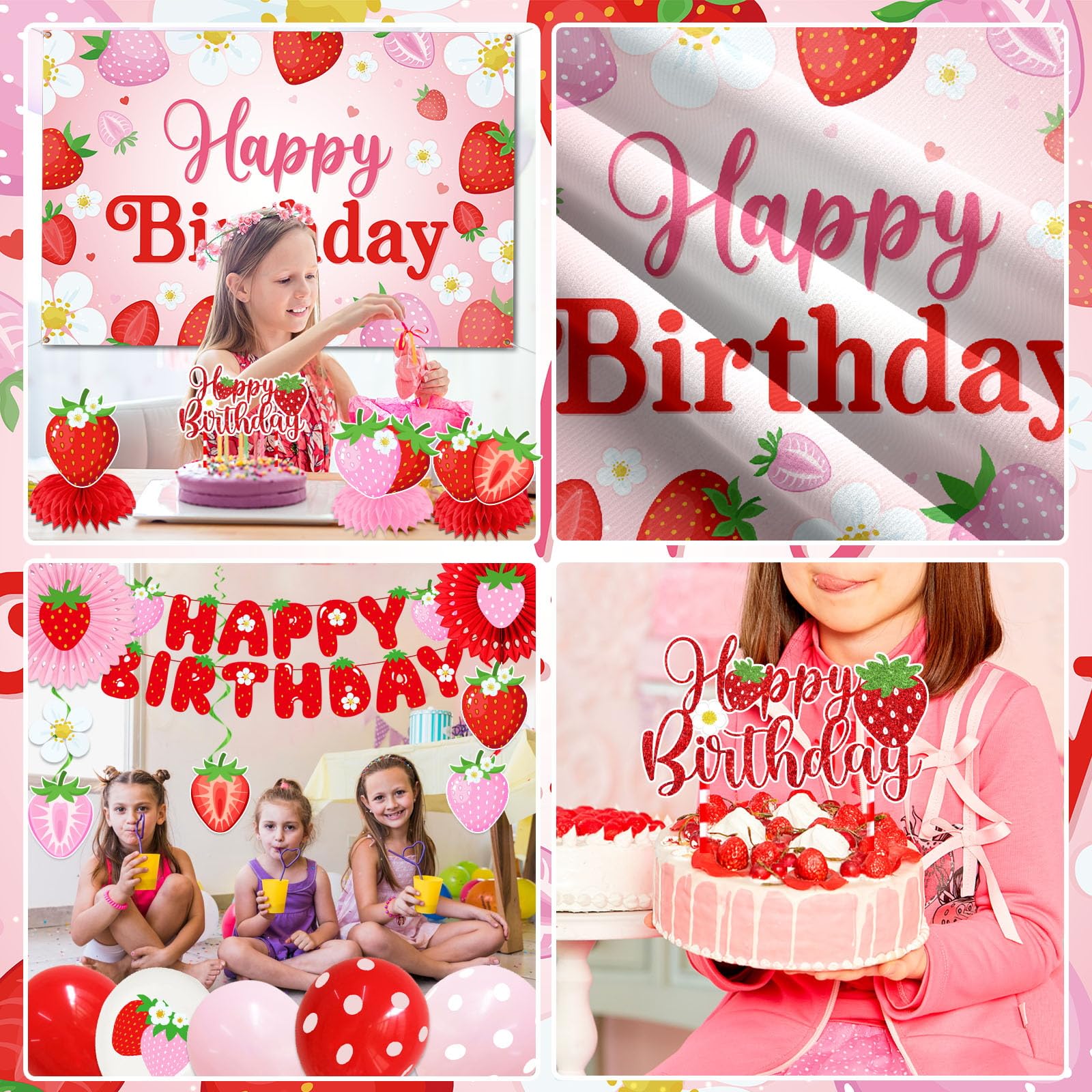 Strawberry Birthday Party Decorations with Strawberry Birthday Banner, Backdrop, Cake Topper, Balloons, Honeycombs, Hanging Swirls, Paper Fans & Pompoms