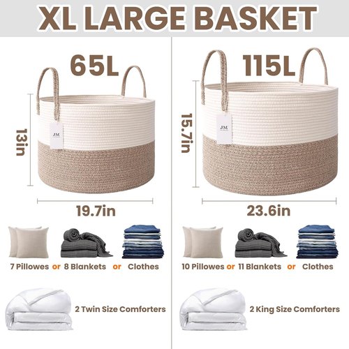 JMvicyroam 65L Extra Large Blanket Basket - Woven Cotton Rope Laundry Hamper with Reinforced Handles | Machine Washable, White & Brown