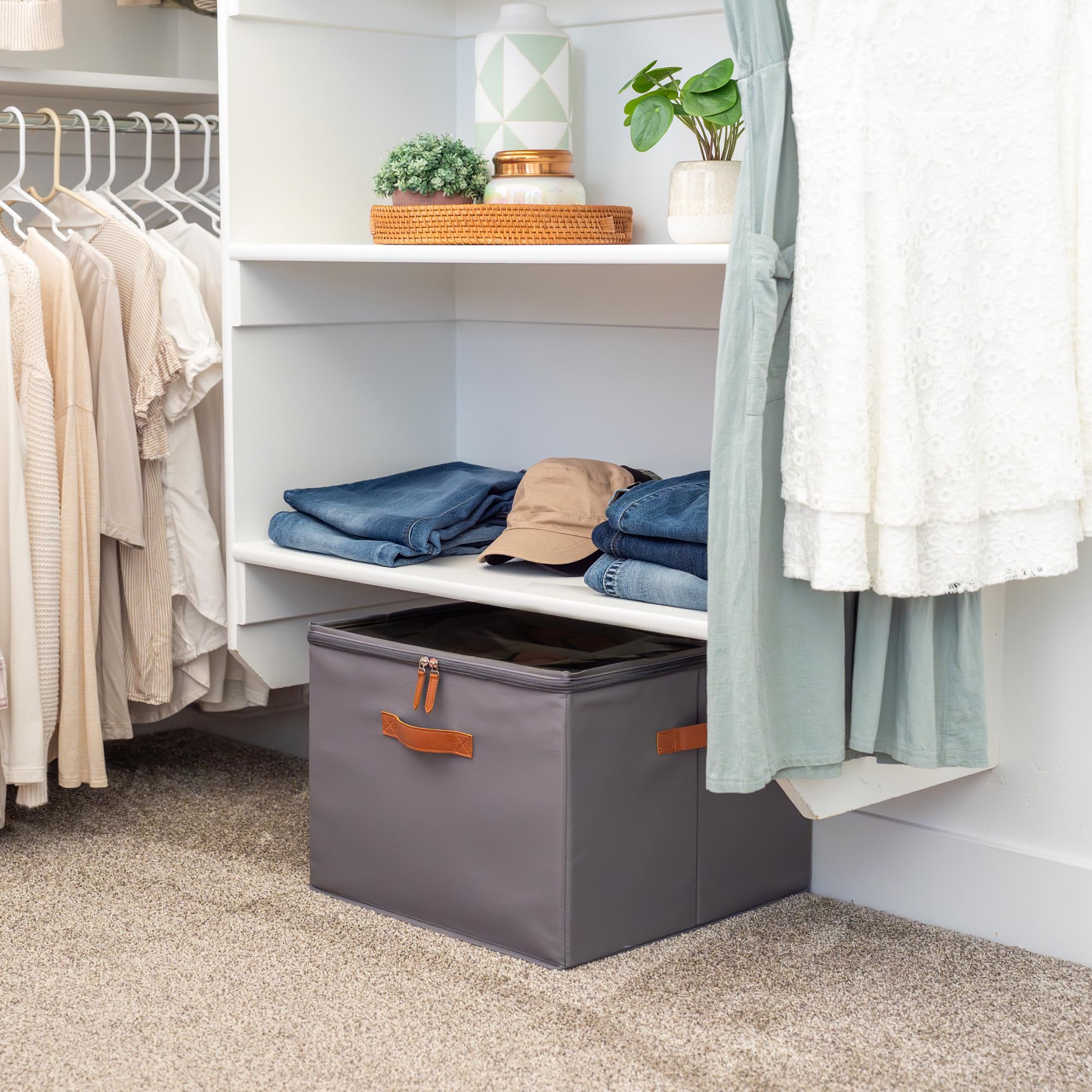 OrganiHaus Large Shoe Storage Bin for Closet, Shoe Organizer Box Fits up to 16 Pairs, Collapsible Fabric Shoe Basket w/Clear Cover, Adjustable Dividers & Reinforced Handles, Grey