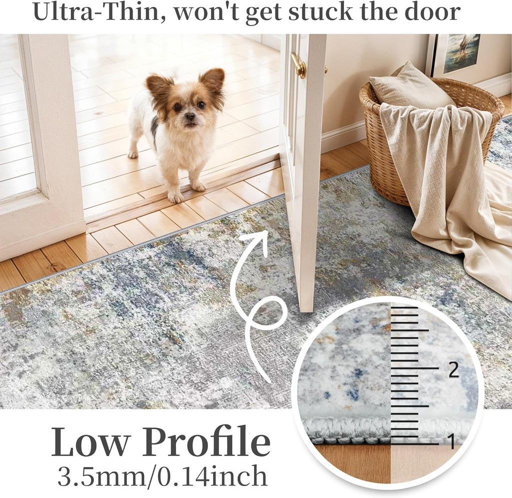 Skiennix Modern 2x5 Hallway Runner Rug - Abstract Washable Ultra Soft Non-Slip Carpet | Blue/Beige