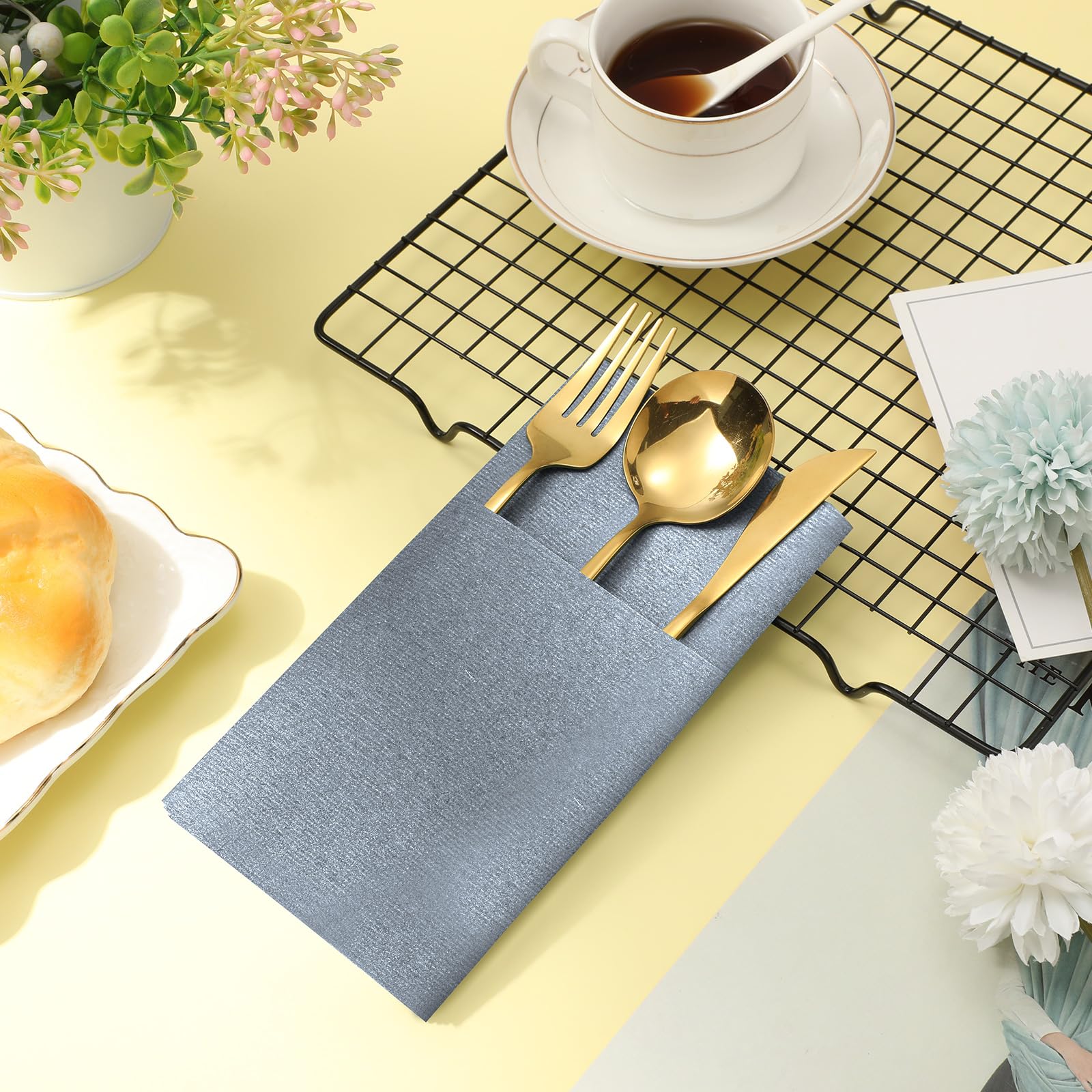 Qilery 150 Pieces Dusty Blue Linen Feel Napkins, Disposable Paper Napkins Prefolded Dinner Napkin with Built-in Flatware Pocket for Silverware Valentine Wedding Party Decoration