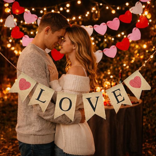 jijAcraft Valentines Burlap Banner with Felt Heart Banner for Valentines Day Décor, Pre-Assembled Rustic Love Hanging Banner & 24pcs Felt Heart Garland Banner Decor for Mantle Fireplace Wall